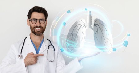 Photo for Modern healthcare, innovations in medical care concept. Cheerful handsome middle aged doctor pulmonologist pointing at big hologram of human lungs on his palm, collage, banner - Royalty Free Image