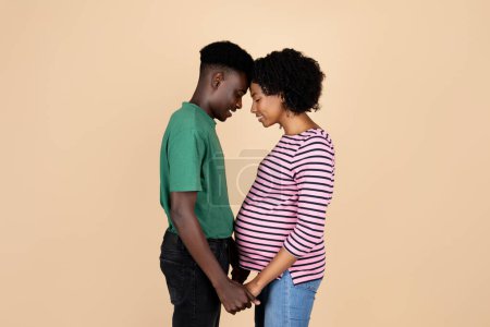 Foto de Feliz joven afroamericano marido cogido de la mano de la esposa embarazada con el vientre grande en casual, aislado en fondo de estudio beige. Apoyo, familia y relación, esperando al bebé juntos, amor - Imagen libre de derechos