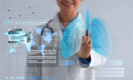 Photo for Modern technologies in healthcare, digital medical care. Cropped of woman doctor pulmonologist touching huge hologram of human body lungs, double exposure, collage - Royalty Free Image