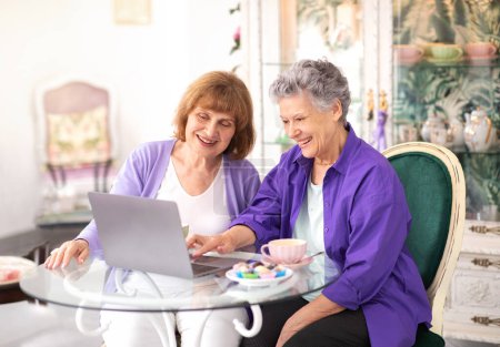 Téléchargez les photos : Technology In Older Age. Deux dames âgées utilisant un ordinateur portable à table prenant un café dans un café confortable à l'intérieur. Aînés joyeux naviguant sur Internet et utilisant le site Web s'amuser en ligne ensemble - en image libre de droit