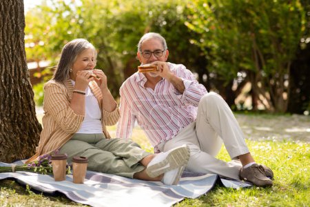 Téléchargez les photos : Vieille européenne positive mari et femme mangent sandwich, profiter pique-nique ensemble dans le parc, déjeuner en plein air. Break and food, rendez-vous romantique, relations, style de vie et week-end, temps libre en ville - en image libre de droit