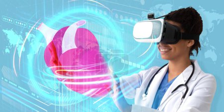 Photo for Modern medical technology concept. Cardiologist young black woman in white coat doctor using virtual reality headset to study health data of patient, touching big hologram of human heart, collage - Royalty Free Image