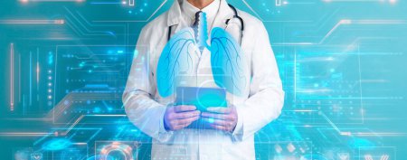 Photo for Artificial intelligence AI in healthcare concept. Cropped of man doctor using digital tablet, pulmonologist examining big hologram of human lungs, double exposure, collage, web-banner - Royalty Free Image
