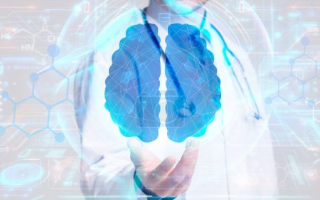 Photo for Modern technologies in healthcare, digital medical care, neurosurgery. Cropped of man doctor neurosurgeon holding huge hologram of human brain, double exposure, collage, web-banner - Royalty Free Image