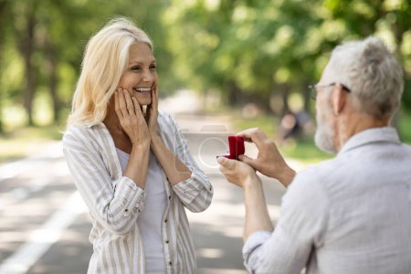 Mature Love. Romantic Senior Gentleman Making Proposal To Happy Excited Lady Outdoors, Grey Haired Man With Engagement Ring Proposing Marriage To Joyful Woman While They Walking In Summer Park