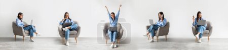 Téléchargez les photos : Loisirs en ligne. Collage avec une jeune femme européenne heureuse utilisant un ordinateur portable, naviguant sur le Web et faisant du shopping, travaillant à distance sur l'ordinateur assis dans un fauteuil confortable contre le mur blanc à la maison. Panorama - en image libre de droit