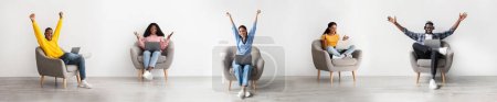 Photo for Online Luck. Glad diverse young people with laptops raising hands in joy sitting in armchairs, celebrating internet business success over white wall background. Panorama, collage - Royalty Free Image