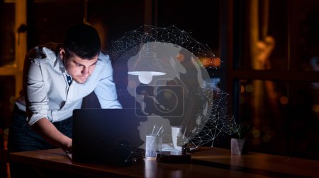 Photo for Technologies Artificial Intelligence. Young man entrepreneur working on laptop, programmer use intelligent AI to write code, using Chatbots, artificial intelligence developed by OpenAI, collage - Royalty Free Image