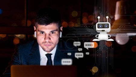 Photo for Concentrated handsome young man in suit IT manager using online assistant help while working late at dark office, chatbot and conversation icons hologram, collage, double exposure, banner - Royalty Free Image