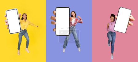 Photo for Happy multiethnic millennial three women jumping in the air with smartphones in their hands, showing phone blank empty screen, colorful background, set of photos, collage. Mobile app, online offer - Royalty Free Image