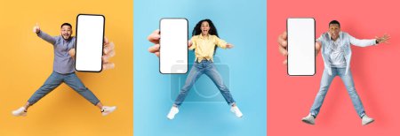 Photo for Glad excited young asian, black guys and arab woman jumping from joy and show phone with empty screen, isolated on colored background, collage. Great advice, offer and digital ad, new app, panorama - Royalty Free Image