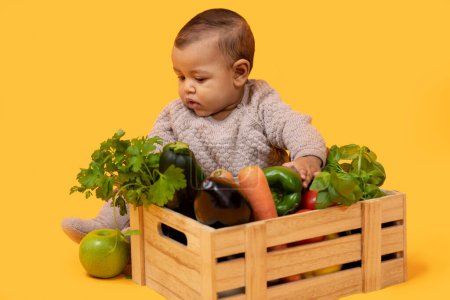 Foto de Negocios de granja. Pequeño bebé sentado cerca de la caja con cosecha de jardín, jugando con verduras orgánicas y frutas sobre fondo amarillo. Productos alimenticios ecológicos naturales para niños, mercado de comestibles - Imagen libre de derechos