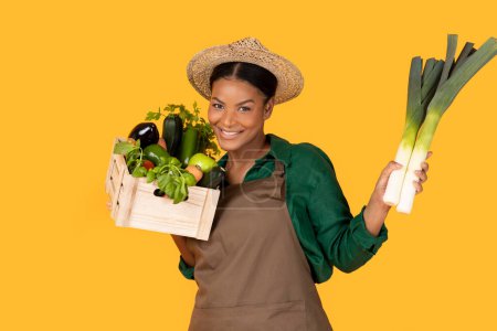Photo for Organic Vagatables. Happy Black Farmer Lady In Hat And Apron Holding Box With Fresh Harvest From Her Greenhouse On Yellow Background, Smiling At Camera Posing With Eggplants, Carrot And Leek - Royalty Free Image