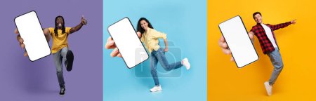 Photo for Set of happy excited multicultural millennials two guys and one lady showing phones with white empty screen while posing over colorful background, collage. Mobile app, online offer, deal - Royalty Free Image