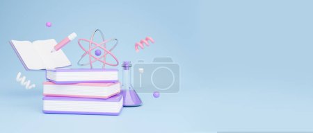 Photo for Chemistry Scientific Background. Collage With Stack Of Educational Books, Chemical Flask Bottle On Blue Backdrop With Atom Molecule And Spirals. Panorama With Copy Space. School And College Study - Royalty Free Image