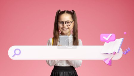 Photo for E-Learning, Educational Application. Collage With Happy Schoolgirl In Glasses Using Smartphone And Mobile App For Online Study, Posing Near Search Bar Icon Over Pink Studio Background - Royalty Free Image