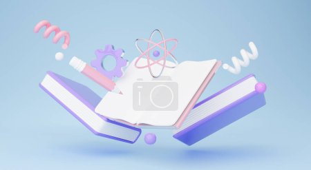 Photo for Composite Image Of Opened Educational Book And Pencil For Notes Among Spirals And Atom Molecule Icons On Blue Background. Chemistry Science, School Advertisement Banner. Collage, Panorama - Royalty Free Image
