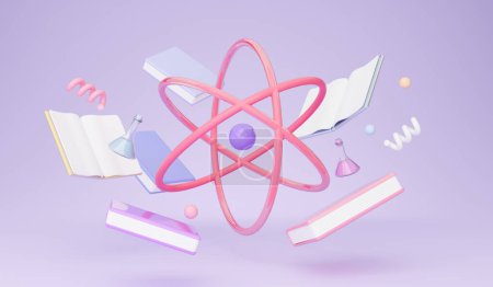 Téléchargez les photos : Modèle de molécule atome sur fond violet pâle avec des livres éducatifs, des bouteilles chimiques et des icônes spirales. Bannière de publicité scolaire pour des leçons de sciences de chimie. Panorama - en image libre de droit