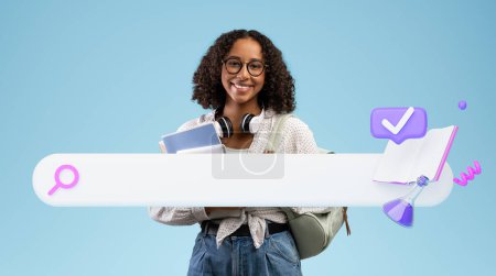 Photo for Educational Online Research. Smiling African American Student Lady Posing With Books Near Internet Search Bar Icon On Blue Background, Panorama. Internet Technnology And Education Concept. Collage - Royalty Free Image