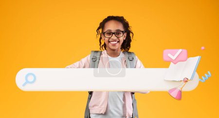 Photo for E-Learning, Internet Study. Happy Black Little Schoolgirl With Backpack Posing Near Online Search On Orange Background. Collage With Educational Icons For Web Education Advertisement. Panorama - Royalty Free Image