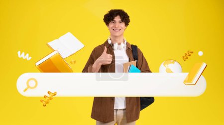 Photo for I Like Online Education. Collage With Student Guy Gesturing Thumbs Up Near Internet Search And Books Icons Posing Over Yellow Background, Panorama. Information Browsing And Study Research Concept - Royalty Free Image