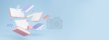 Photo for Educational Banner With School Books, Chemical Bottle And Spirals On Blue Backdrop, Panorama With Empty Space For Text. School Science And Education Background With Blank Space For Advertisement - Royalty Free Image