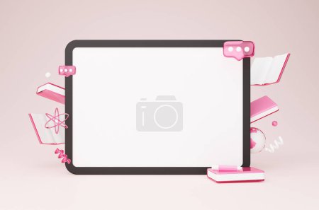 Foto de E-Learning, Anuncio del sitio web. Tablet PC digital con pantalla vacía de pie sobre fondo de estudio rosa con iconos educativos. Collage, maqueta para la oferta de estudio en línea - Imagen libre de derechos