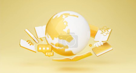 Téléchargez les photos : Fond jaune avec barre de recherche en ligne Icône sur le monde Globe et livres, Collage. Contexte éducatif de la publicité en ligne sur le site Web de l'école. Internet, science et technologie Web. Panorama - en image libre de droit