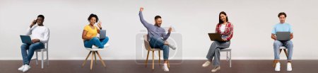 Photo for Collage with young diverse people using laptops and cellphones, sitting on chairs over white wall background, panorama, men and women websurfing with different emotions - Royalty Free Image
