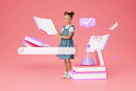 Photo for Internet Knowledge And Study. Cheerful Little Schoolgirl Pointing At Book Icon, Posing Near Online Search Bar And Stack Of Books Over Pink Background. E-Learning Offer Advertisement, Collage - Royalty Free Image
