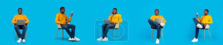Photo for Collage with middle aged black man using different gadgets sitting on chair, browsing internet on laptop, cellphone, enjoying online leisure, blue background, panorama - Royalty Free Image