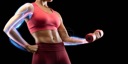 Sport technologies. Cropped of muscular well fit sporty african american woman with futuristic hologram on her arm making work out with barbell, black background, lifting weight, panorama, copy space