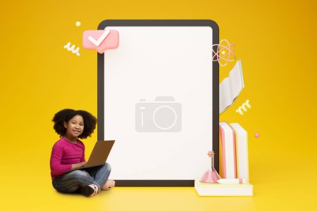 Photo for E-Learning, Computer Study. Smiling Black Schoolgirl Using Laptop Sitting Near Huge Tablet With Empty Touchscreen On Yellow Background, Collage With Books And Check Mark Icon. Mockup - Royalty Free Image