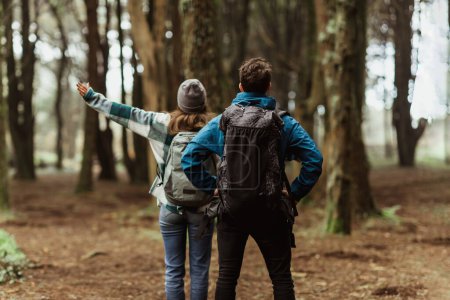 Téléchargez les photos : Jeune couple caucasien en vestes marcher dans la forêt ensemble, pointez du doigt l'espace vide, profiter du voyage, en plein air. Style de vie actif, aventure et tourisme, randonnée le week-end, retour - en image libre de droit