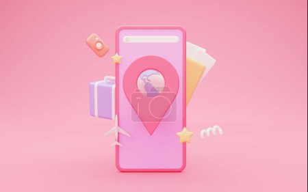 Photo for Booking, transportation, traveling website, 3D illustration, collage. Huge phone with search bar, location pin with globe inside, suitcase, passport and tickets over pink background - Royalty Free Image