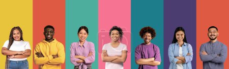 Photo for Colorful mosaic of happy faces and portraits of young millennial people smiling posing on different colored backgrounds. Millennials generation, successful multicutural people group portrait. Collage - Royalty Free Image