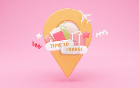 Téléchargez les photos : Illustration 3D avec texte Time to Travel, épinglette géante avec globe à l'intérieur, avion, valise, passeport et billets sur fond rose, collage pour le voyage et le tourisme concept - en image libre de droit