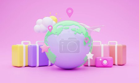 Photo for Flight travelling, promo tour, summer vacation concept, 3D illustration. Huge globe earth planet, suitcases, camera, star and location pins over pink background, panorama, collage - Royalty Free Image