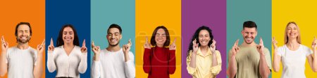 Photo for Human emotions and gestures concept. Excited superstitious multicultural millennial men and women with closed eyes crossing fingers over colorful backgrounds, collage, banner - Royalty Free Image