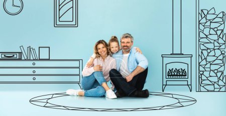 Photo for Smiling little european girl hug adult parents on floor, isolated on blue studio background, with drawn abstract furniture in living room interior. Buy own home, family dreams of house design - Royalty Free Image