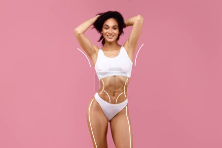 Photo for Sensual attractive young black woman posing in white underwear with hands behind her head over pink studio background, showing beautiful body after regular physical routine, copy space, collage - Royalty Free Image