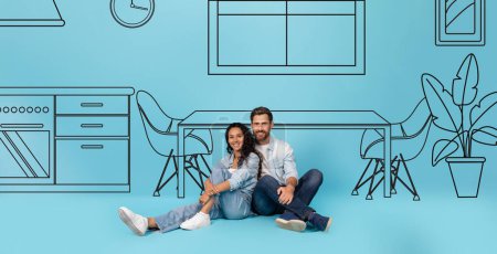 Photo for Cheerful young caucasian husband hug wife, enjoy buy new home in living room interior with drawn furniture, isolated on blue studio background. Moving together, dreams of own house, loan - Royalty Free Image