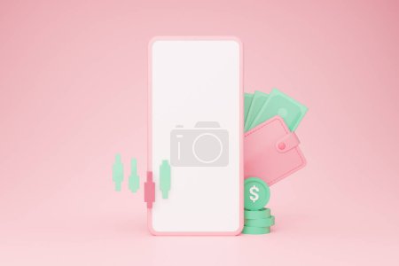 Foto de Teléfono con pantalla blanca en blanco, billetera y dinero en efectivo sobre fondo rosa, ilustración 3D, maqueta, espacio de copia. Tecnologías modernas y banca, concepto de compras fáciles, collage - Imagen libre de derechos