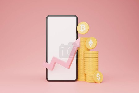 Photo for Online trading on stocks and markets concept, 3d illustration, collage. Smartphone with white blank screen, golden coins with bitcoin and dollar sign, stock changing lines, pink background, copy space - Royalty Free Image