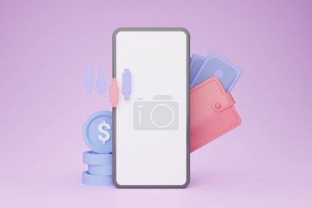 Photo for Smartphone with white empty screen, wallet, dollar sign and money cash on purple background, 3D illustration, mockup, copy space. Modern technologies and banking, easy shopping concept, collage - Royalty Free Image