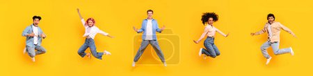 Photo for Set of diverse teens jumping over yellow studio background, in motion shot of happy multiracial students having fun and expressing positive emotions, panorama - Royalty Free Image