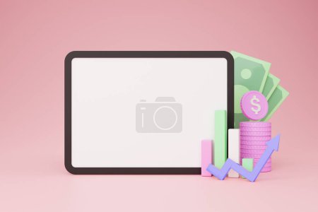 Photo for Trading on stocks and markets online, 3d illustration, collage. Digital tablet with white blank screen, cash dollars, coins, stock changing lines, pink background, mockup, copy space - Royalty Free Image