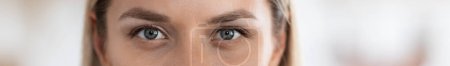 Téléchargez les photos : Beaux yeux de femme millénariste caucasienne dans la trentaine, fond flou, bannière web, panorama avec espace de copie pour la publicité. Médecine esthétique, chirurgie plastique, traitement de beauté - en image libre de droit
