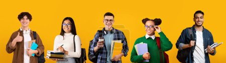 Photo for Group of cheerful multiethnic students carrying backpacks and books posing over yellow background, creative collage with diverse young men and women carrying workbooks and smiling at camera, panorama - Royalty Free Image