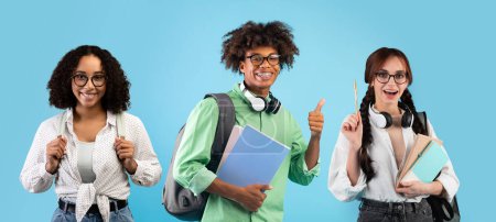 Photo for Students Life. Portrait Of Happy Multiethnic College Friends With Backpacks And Books Posing Isolated Over Blue Background, Cheerful Young Man And Women Recommending Educational Programs, Collage - Royalty Free Image